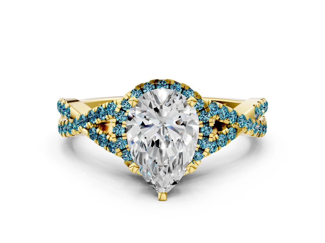 Yellow gold Pear Cut Diamond with Blue Topaz side stone Halo Twist Band Solitaire Prong Setting Ring_24
