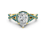 Yellow gold Pear Cut Diamond with Blue Topaz side stone Halo Twist Band Solitaire Prong Setting Ring_24