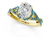 Yellow gold Pear Cut Diamond with Blue Topaz side stone Halo Twist Band Solitaire Prong Setting Ring_25