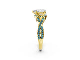 Yellow gold Pear Cut Diamond with Blue Topaz side stone Halo Twist Band Solitaire Prong Setting Ring_26