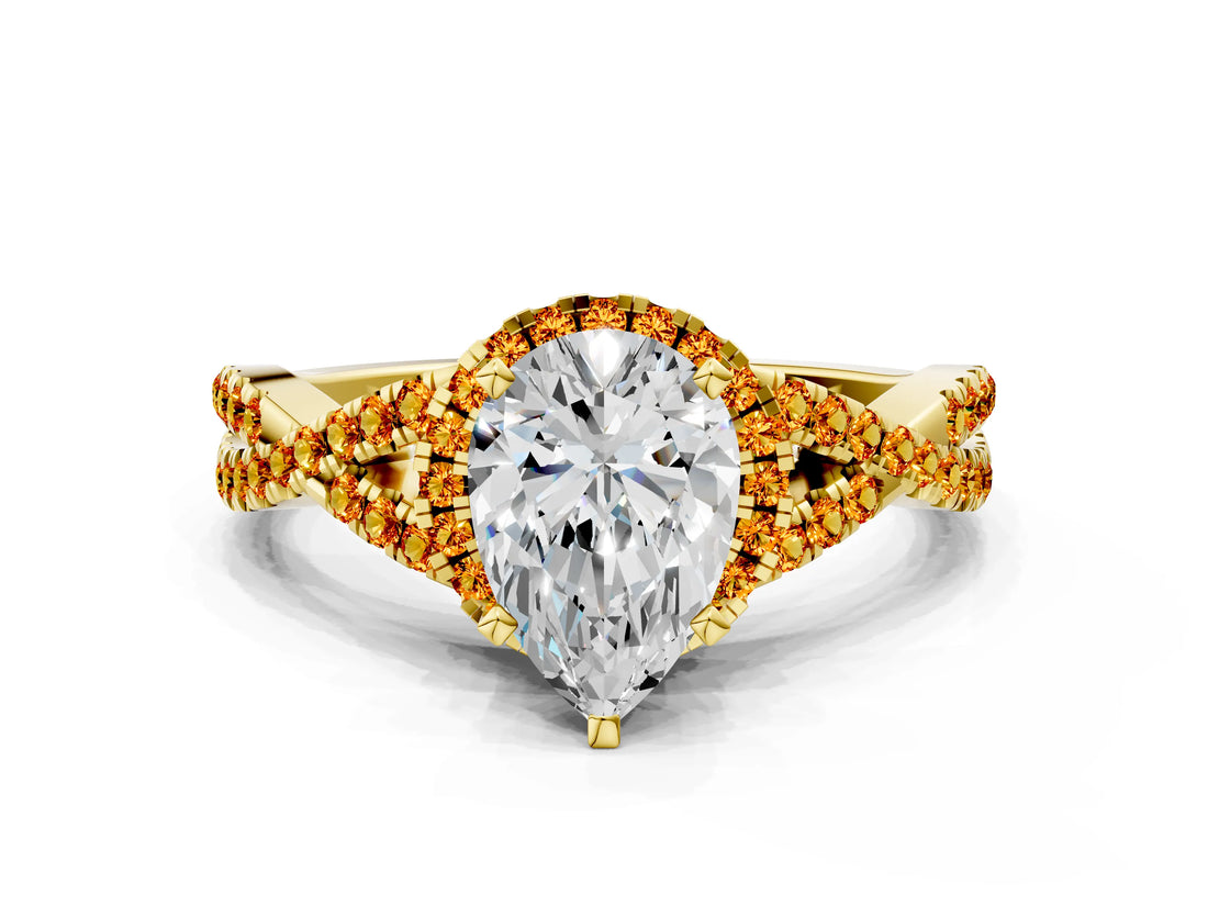 Yellow gold Pear Cut Diamond with Citrine side stone Halo Twist Band Solitaire Prong Setting Ring_12