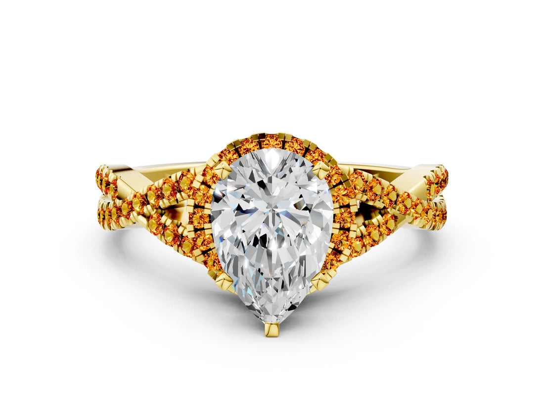 Yellow gold Pear Cut Diamond with Citrine side stone Halo Twist Band Solitaire Prong Setting Ring_18