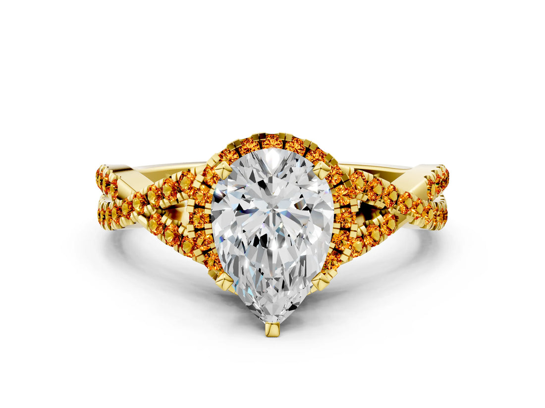 Yellow gold Pear Cut Diamond with Citrine side stone Halo Twist Band Solitaire Prong Setting Ring_42