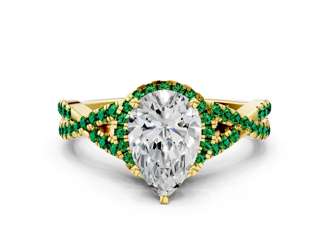 Yellow gold Pear Cut Diamond with Emerald side stone Halo Twist Band Solitaire Prong Setting Ring_12
