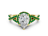 Yellow gold Pear Cut Diamond with Emerald side stone Halo Twist Band Solitaire Prong Setting Ring_12