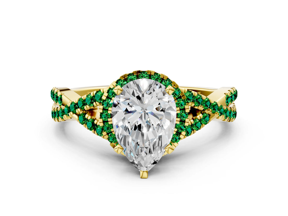 Yellow gold Pear Cut Diamond with Emerald side stone Halo Twist Band Solitaire Prong Setting Ring_24