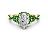 Yellow gold Pear Cut Diamond with Emerald side stone Halo Twist Band Solitaire Prong Setting Ring_24