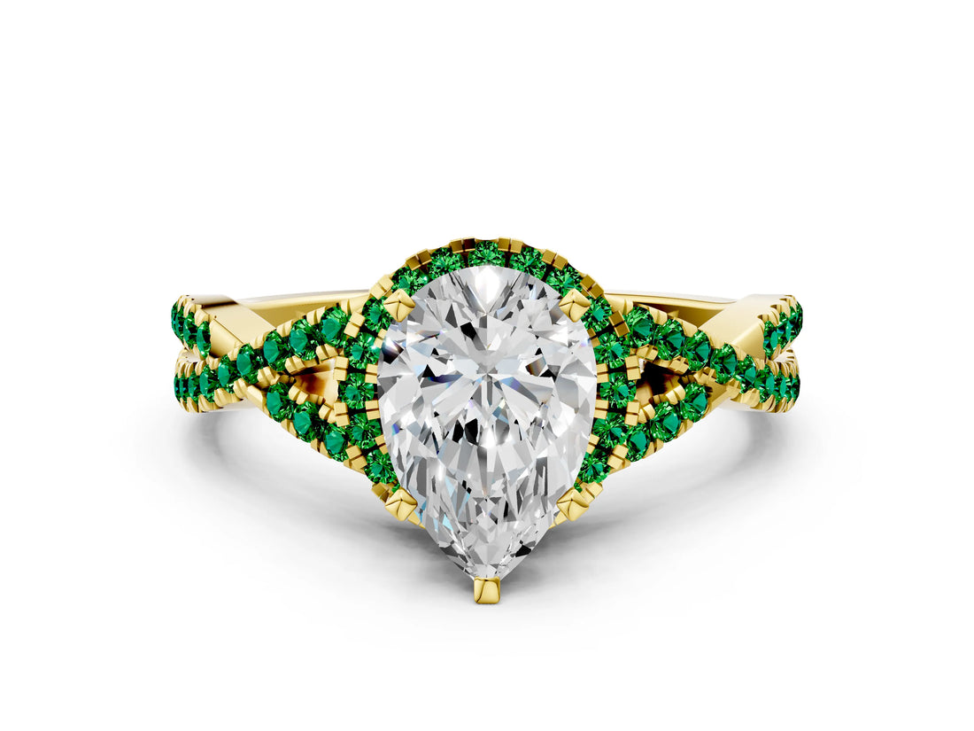 Yellow gold Pear Cut Diamond with Emerald side stone Halo Twist Band Solitaire Prong Setting Ring_36