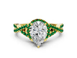 Yellow gold Pear Cut Diamond with Emerald side stone Halo Twist Band Solitaire Prong Setting Ring_36