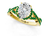 Yellow gold Pear Cut Diamond with Emerald side stone Halo Twist Band Solitaire Prong Setting Ring_37