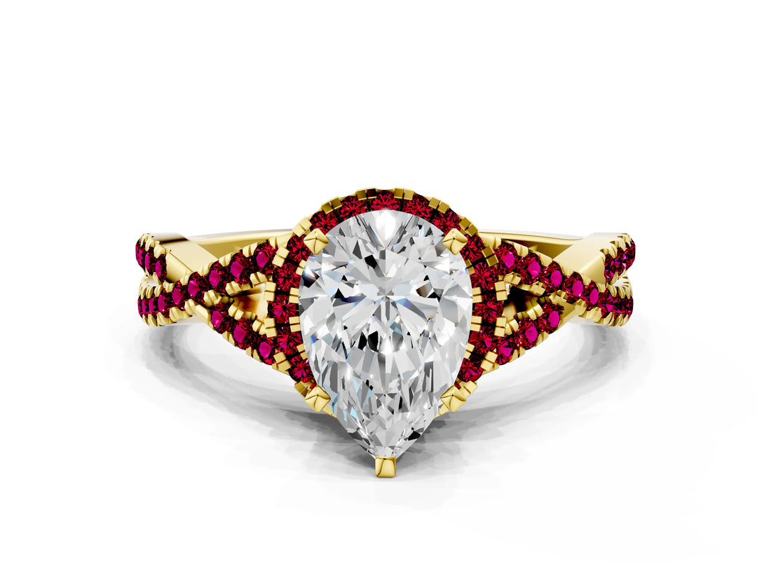 Yellow gold Pear Cut Diamond with Garnet side stone Halo Twist Band Solitaire Prong Setting Ring_12