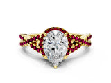 Yellow gold Pear Cut Diamond with Garnet side stone Halo Twist Band Solitaire Prong Setting Ring_12