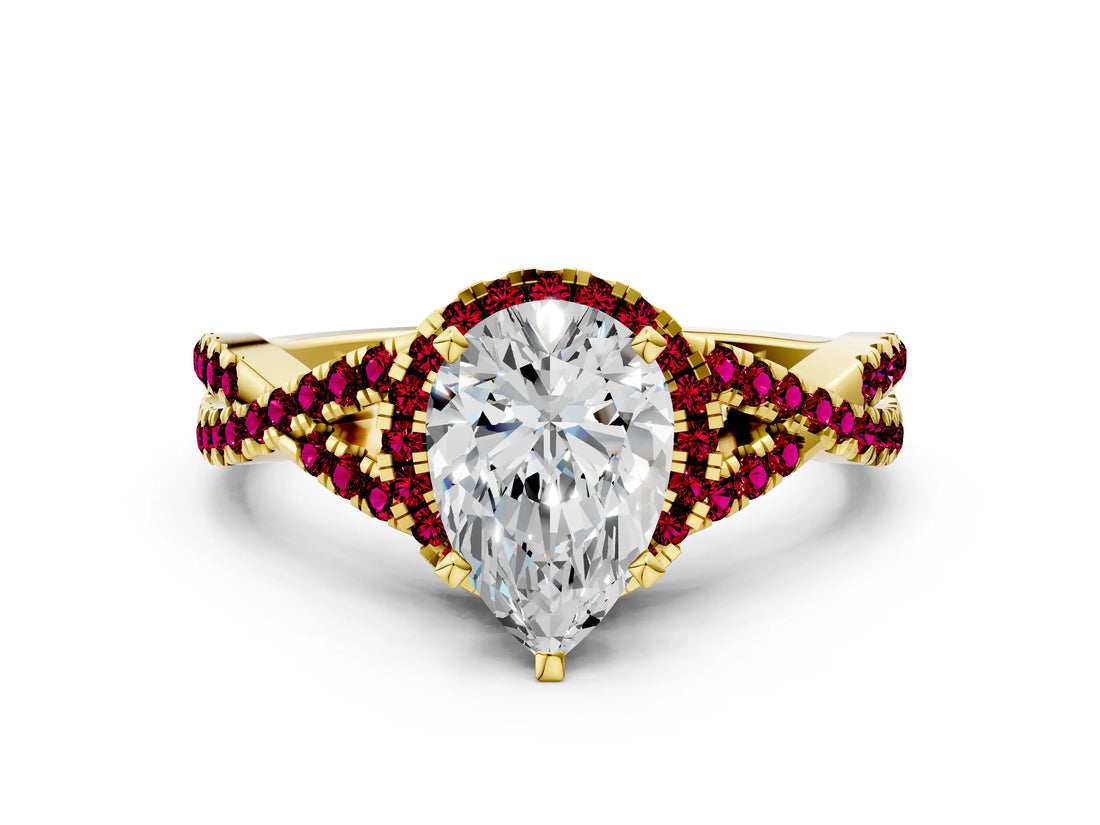 Yellow gold Pear Cut Diamond with Garnet side stone Halo Twist Band Solitaire Prong Setting Ring_36