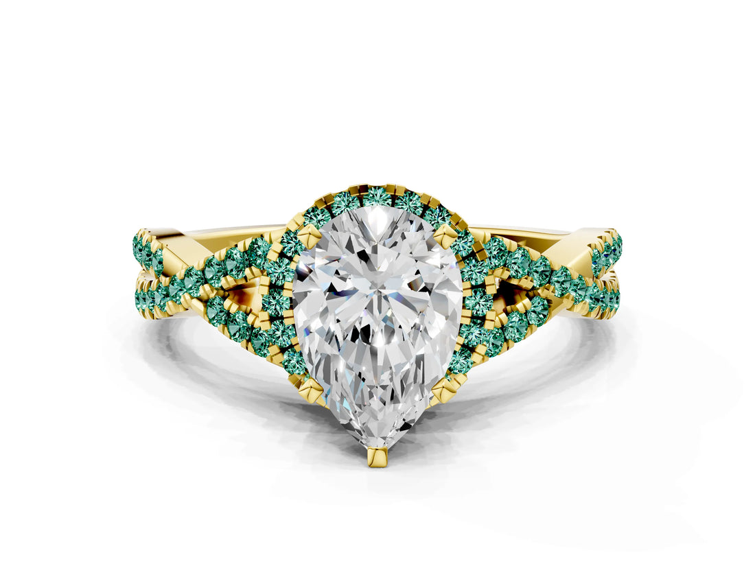 Yellow gold Pear Cut Diamond with Green Sapphire side stone Halo Twist Band Solitaire Prong Setting Ring_12
