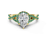 Yellow gold Pear Cut Diamond with Green Sapphire side stone Halo Twist Band Solitaire Prong Setting Ring_12