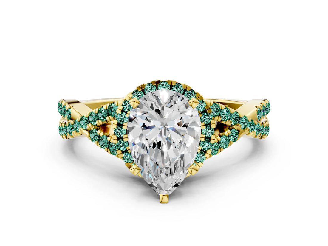 Yellow gold Pear Cut Diamond with Green Sapphire side stone Halo Twist Band Solitaire Prong Setting Ring_36