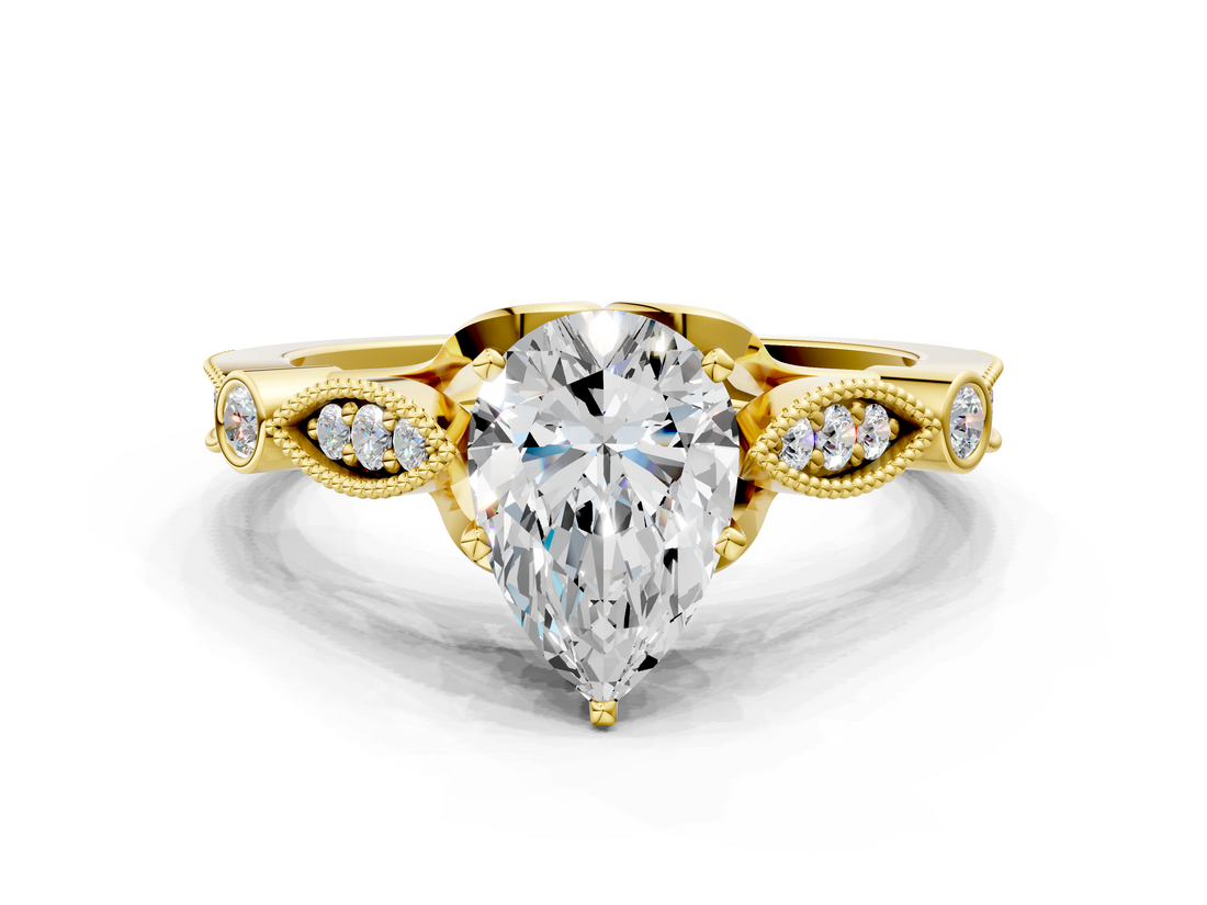 Yellow gold Pear Cut Diamond with Milgrain Marquise and Bezel Accents on a Solitaire Band with Prong Setting_232