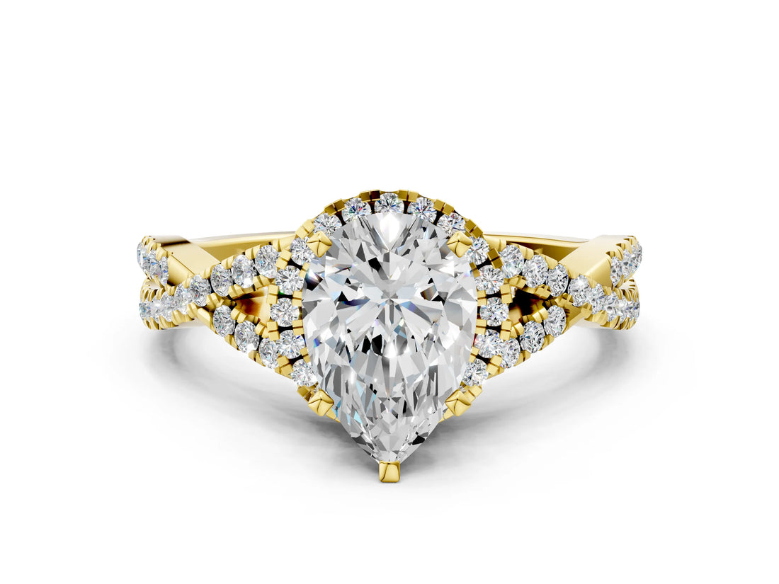 Yellow gold Pear Cut Diamond with Moissanite side stone Halo Twist Band Solitaire Prong Setting Ring_12