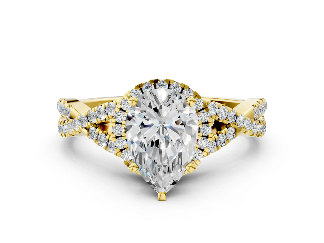 Yellow gold Pear Cut Diamond with Moissanite side stone Halo Twist Band Solitaire Prong Setting Ring_18