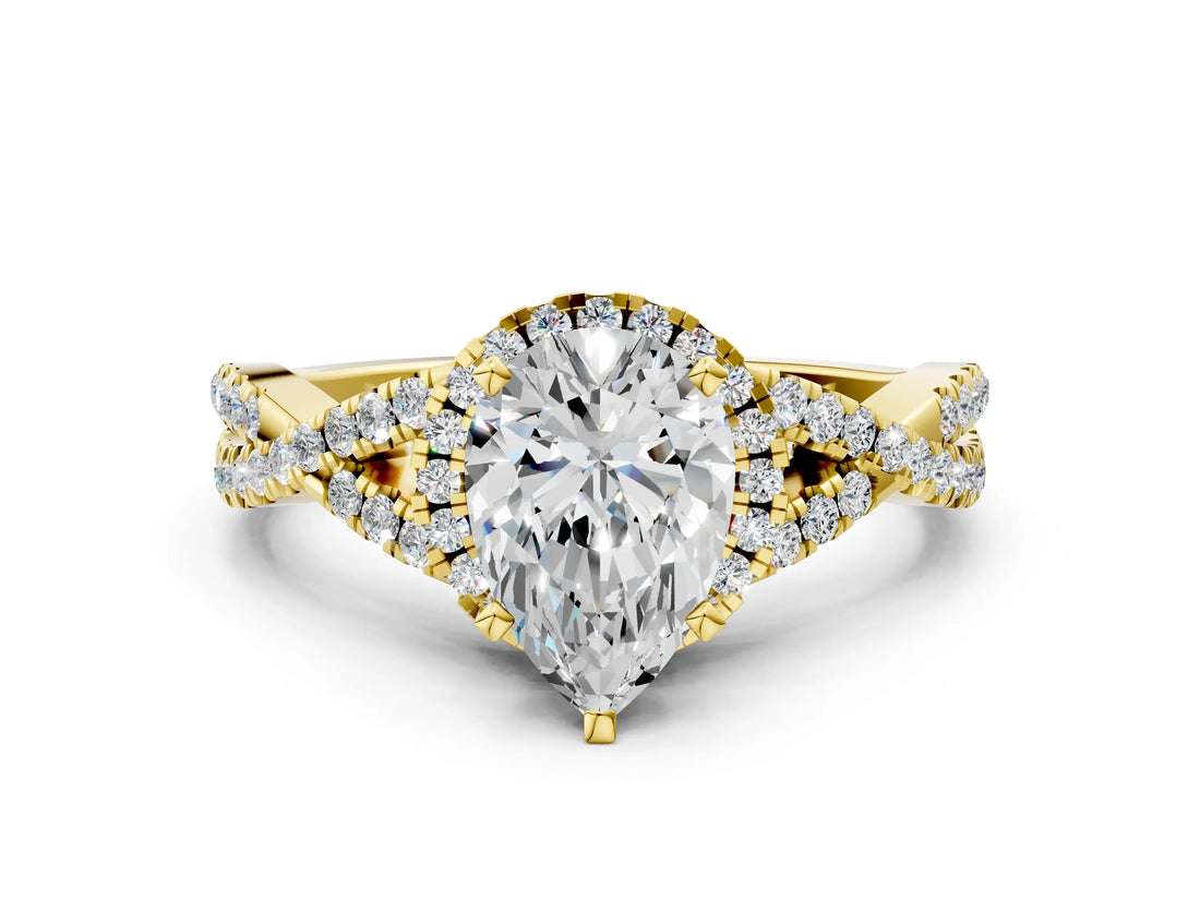 Yellow gold Pear Cut Diamond with Moissanite side stone Halo Twist Band Solitaire Prong Setting Ring_42