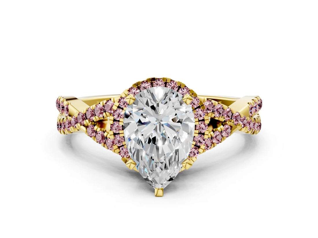 Yellow gold Pear Cut Diamond with Morganite side stone Halo Twist Band Solitaire Prong Setting Ring_12