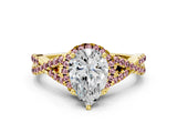 Yellow gold Pear Cut Diamond with Morganite side stone Halo Twist Band Solitaire Prong Setting Ring_12