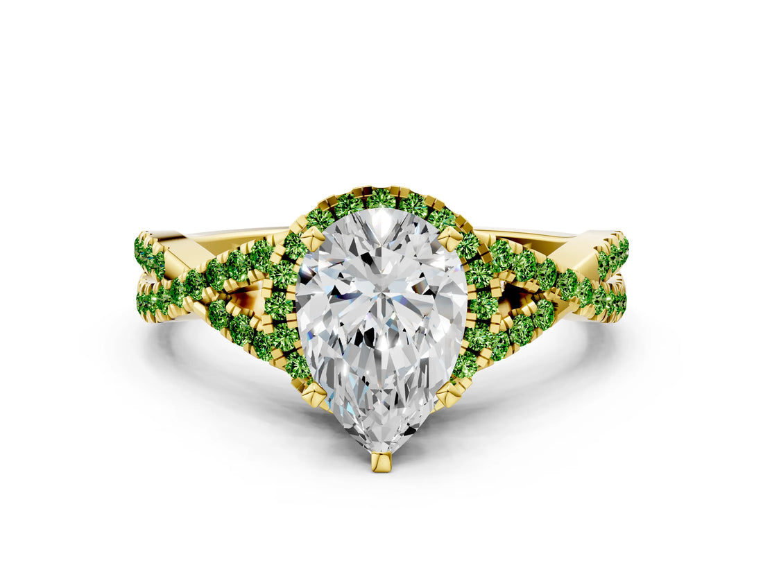 Yellow gold Pear Cut Diamond with Peridot side stone Halo Twist Band Solitaire Prong Setting Ring_12
