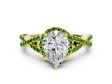 Yellow gold Pear Cut Diamond with Peridot side stone Halo Twist Band Solitaire Prong Setting Ring_12