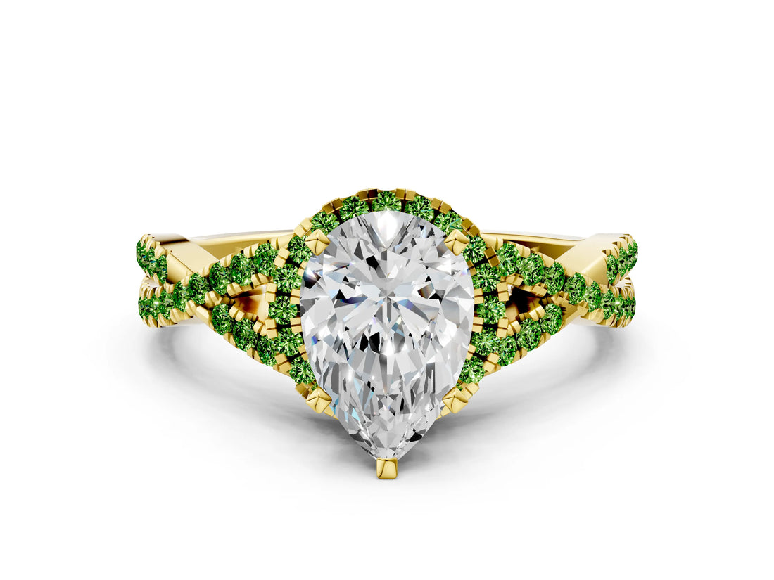 Yellow gold Pear Cut Diamond with Peridot side stone Halo Twist Band Solitaire Prong Setting Ring_36