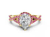 Yellow gold Pear Cut Diamond with Pink Sapphire side stone Halo Twist Band Solitaire Prong Setting Ring_12