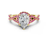 Yellow gold Pear Cut Diamond with Pink Sapphire side stone Halo Twist Band Solitaire Prong Setting Ring_18