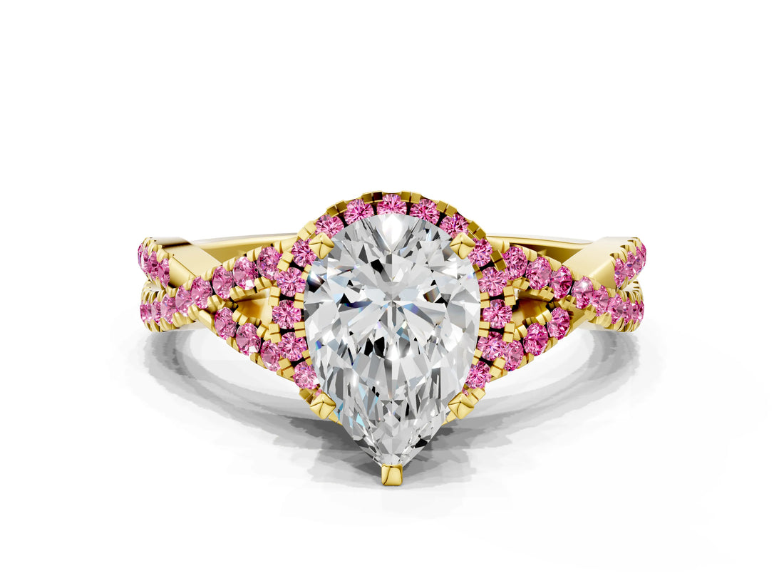 Yellow gold Pear Cut Diamond with Pink Sapphire side stone Halo Twist Band Solitaire Prong Setting Ring_42