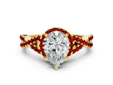 Yellow gold Pear Cut Diamond with Ruby side stone Halo Twist Band Solitaire Prong Setting Ring_12