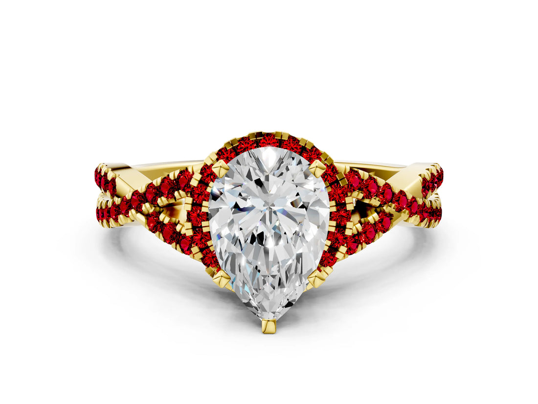 Yellow gold Pear Cut Diamond with Ruby side stone Halo Twist Band Solitaire Prong Setting Ring_36