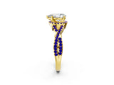 Yellow gold Pear Cut Diamond with Tanzanite side stone Halo Twist Band Solitaire Prong Setting Ring_14