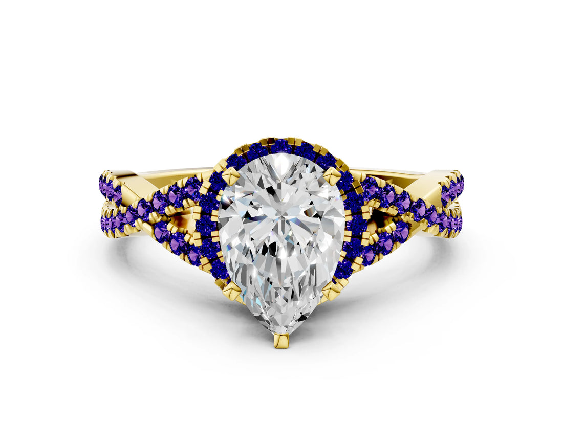 Yellow gold Pear Cut Diamond with Tanzanite side stone Halo Twist Band Solitaire Prong Setting Ring_18