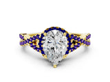 Yellow gold Pear Cut Diamond with Tanzanite side stone Halo Twist Band Solitaire Prong Setting Ring_18
