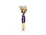 Yellow gold Pear Cut Diamond with Tanzanite side stone Halo Twist Band Solitaire Prong Setting Ring_20