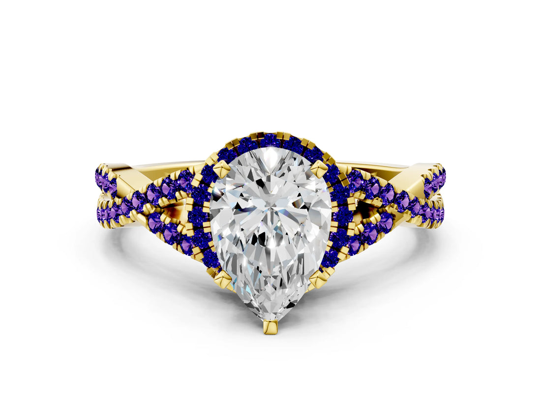 Yellow gold Pear Cut Diamond with Tanzanite side stone Halo Twist Band Solitaire Prong Setting Ring_42