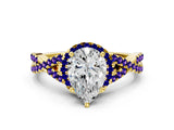 Yellow gold Pear Cut Diamond with Tanzanite side stone Halo Twist Band Solitaire Prong Setting Ring_42