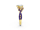 Yellow gold Pear Cut Diamond with Tanzanite side stone Halo Twist Band Solitaire Prong Setting Ring_44