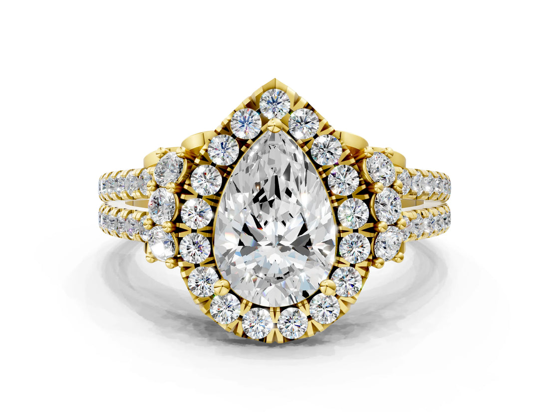 Yellow gold Pear Cut Double Halo Diamond Engagement Ring with Pave Band and Four-Prong Setting_42