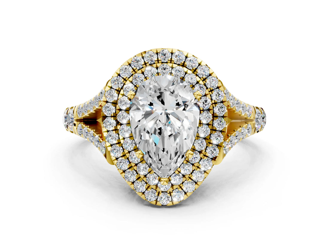 Yellow gold Pear Cut Double Halo Split Shank Diamond Ring with Prong Setting_45