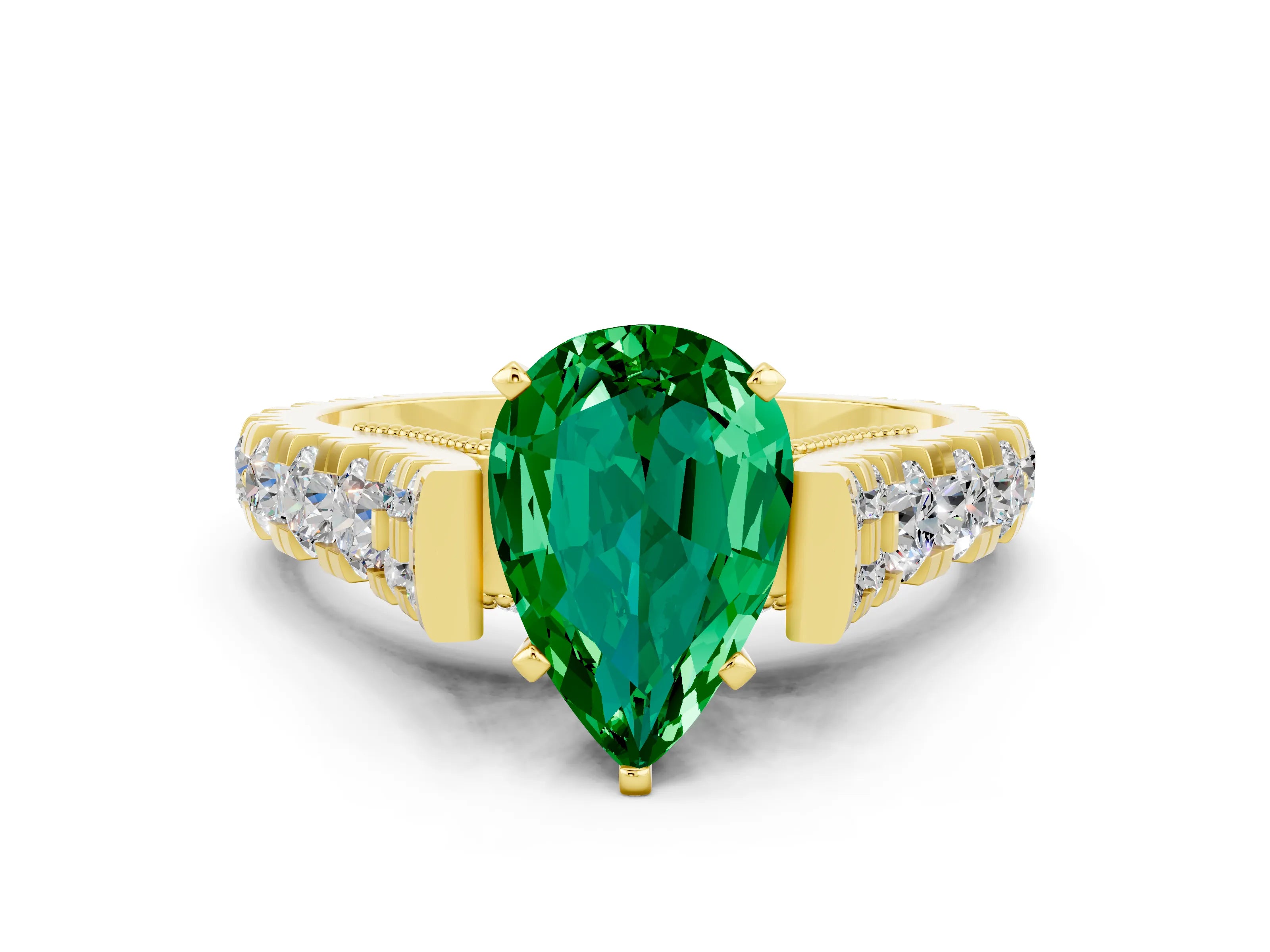 Yellow gold Pear Cut Emerald Classic Solitaire Ring with Pavé Band and Four-Prong Setting