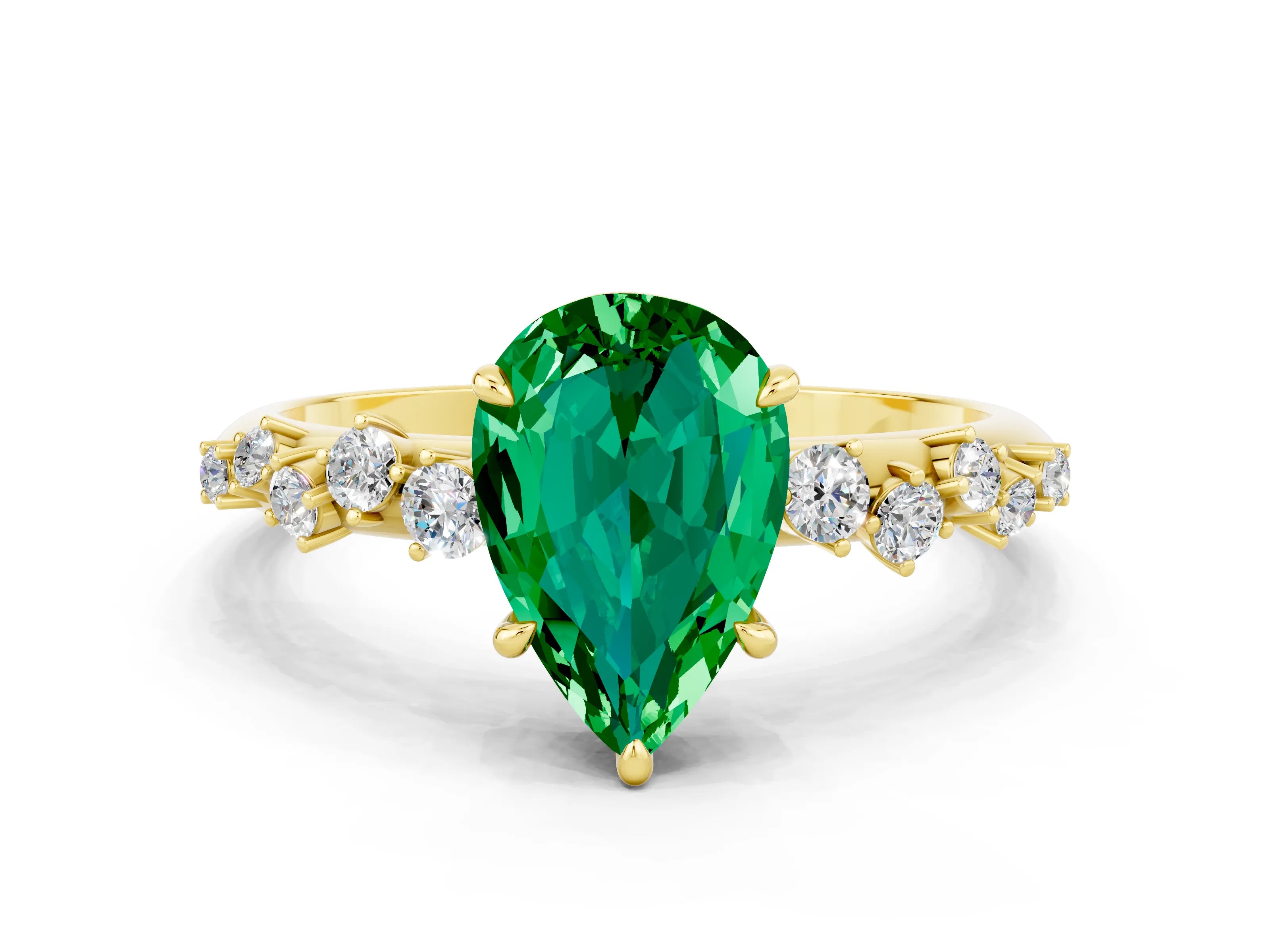 Yellow gold Pear Cut Emerald Cluster Side Stone Solitaire Ring with Prong Setting_24