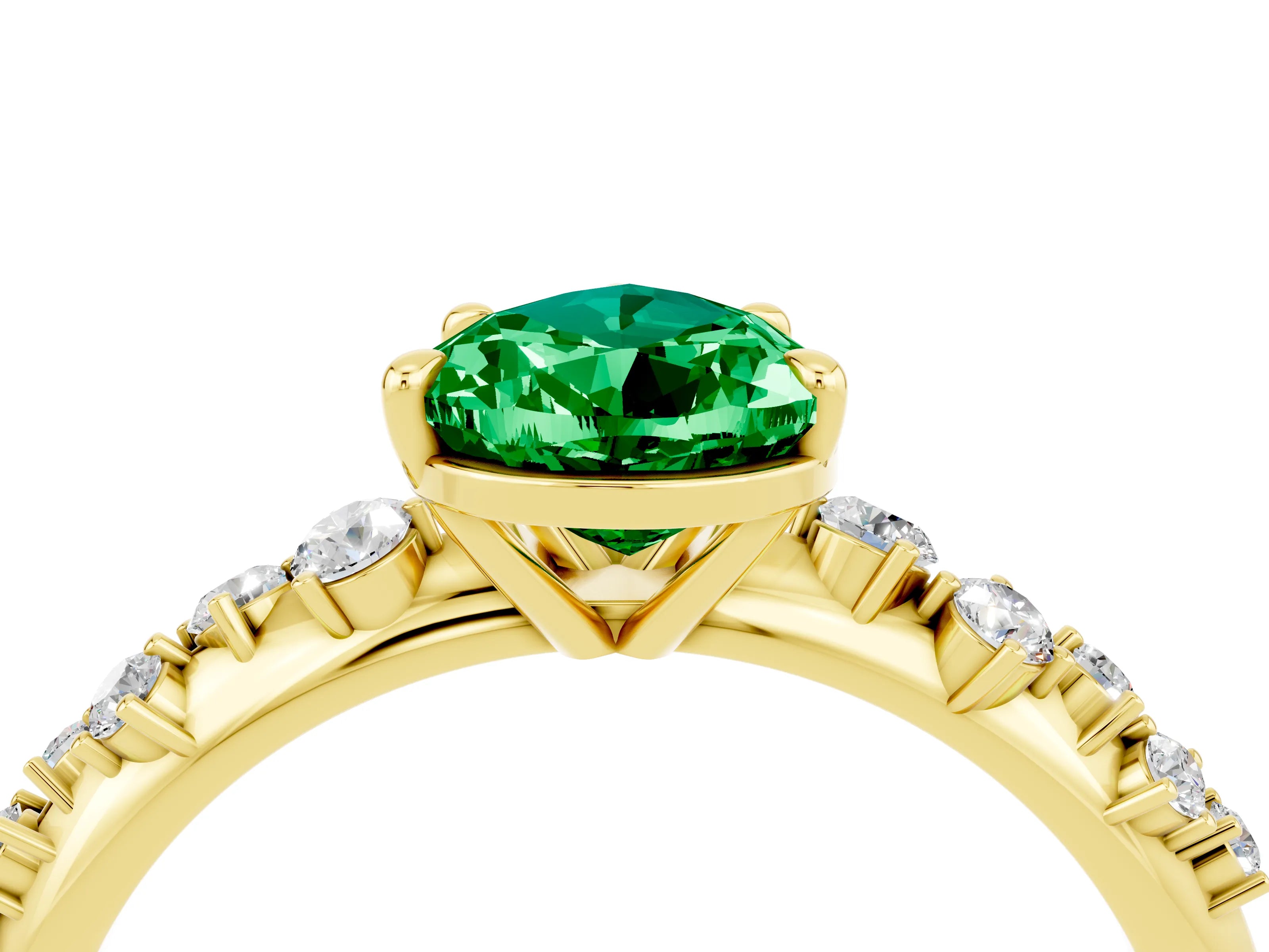 Yellow gold Pear Cut Emerald Cluster Side Stone Solitaire Ring with Prong Setting_28
