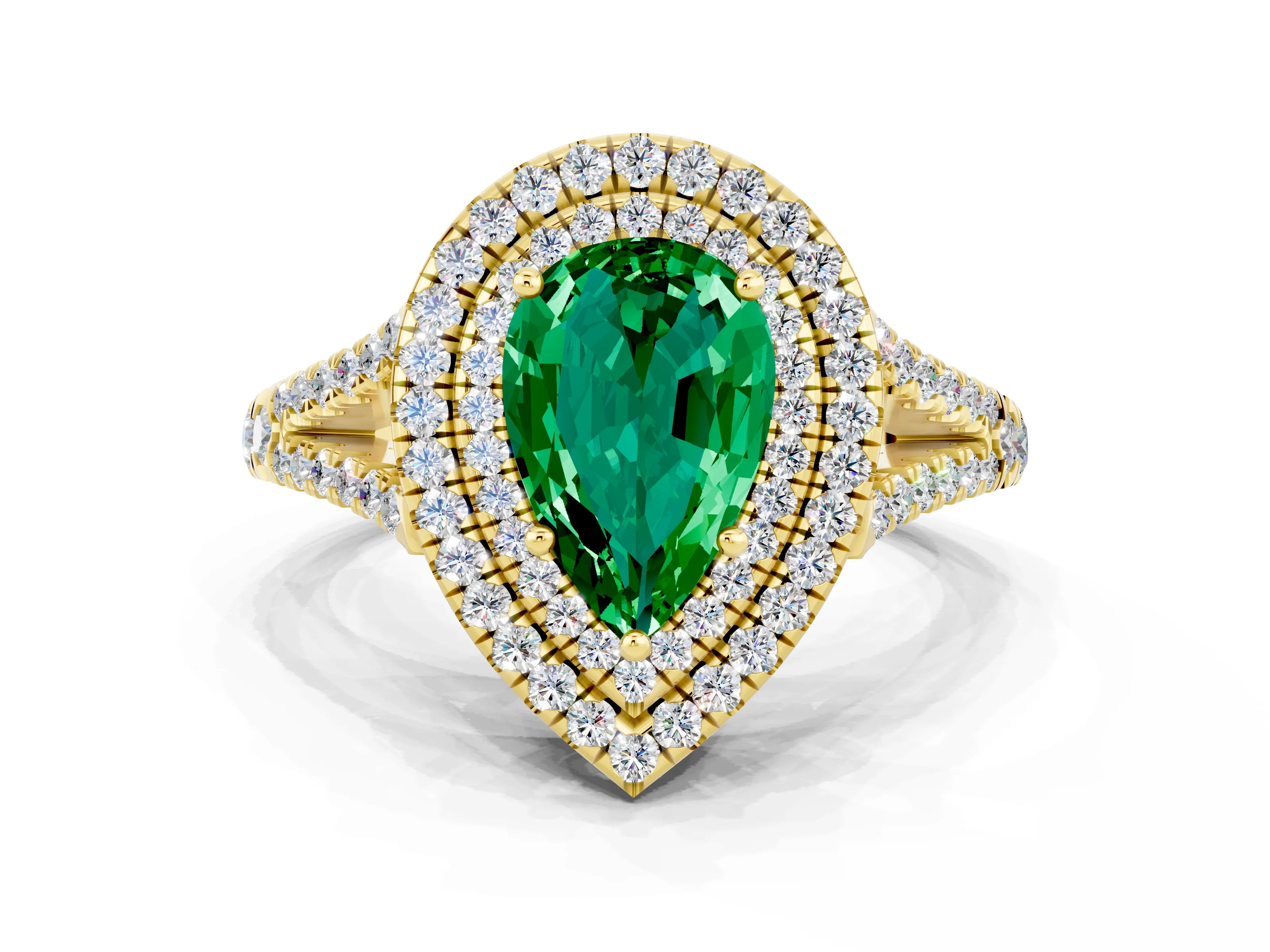 Yellow gold Pear Cut Emerald Double Halo Ring with Pavé Band and Prong Setting_12