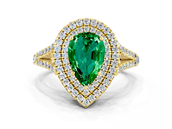 Yellow gold Pear Cut Emerald Double Halo Ring with Pavé Band and Prong Setting