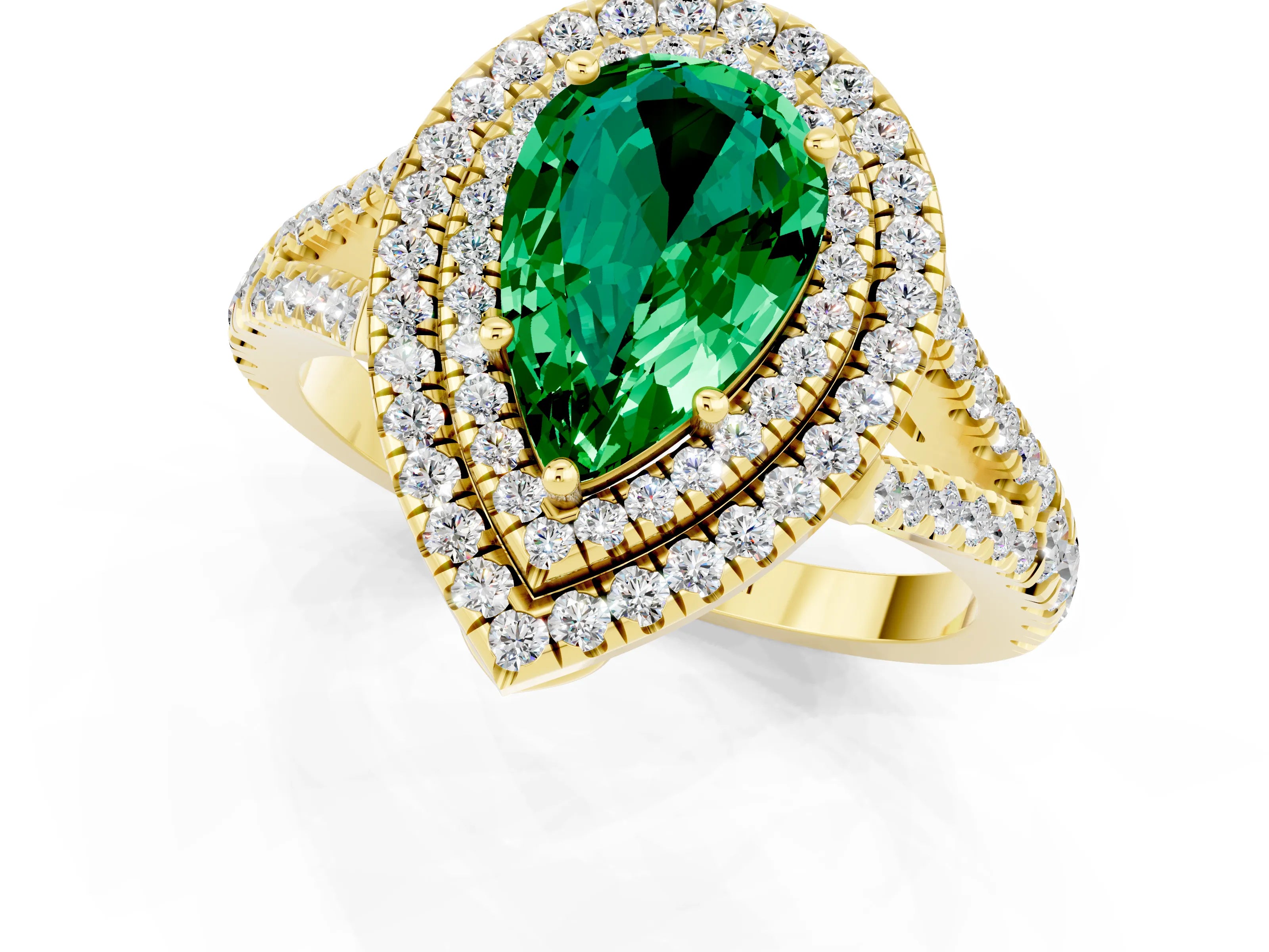 Yellow gold Pear Cut Emerald Double Halo Ring with Pavé Band and Prong Setting_13
