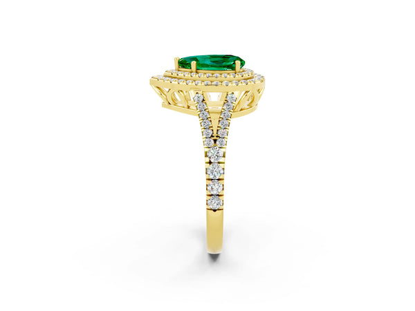 Yellow gold Pear Cut Emerald Double Halo Ring with Pavé Band and Prong Setting